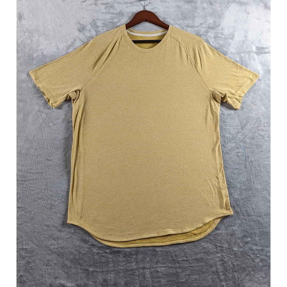 Lululemon Drysense Shirt Mens XL Yellow Striped Short Sleeve Tee Curved Hem READ